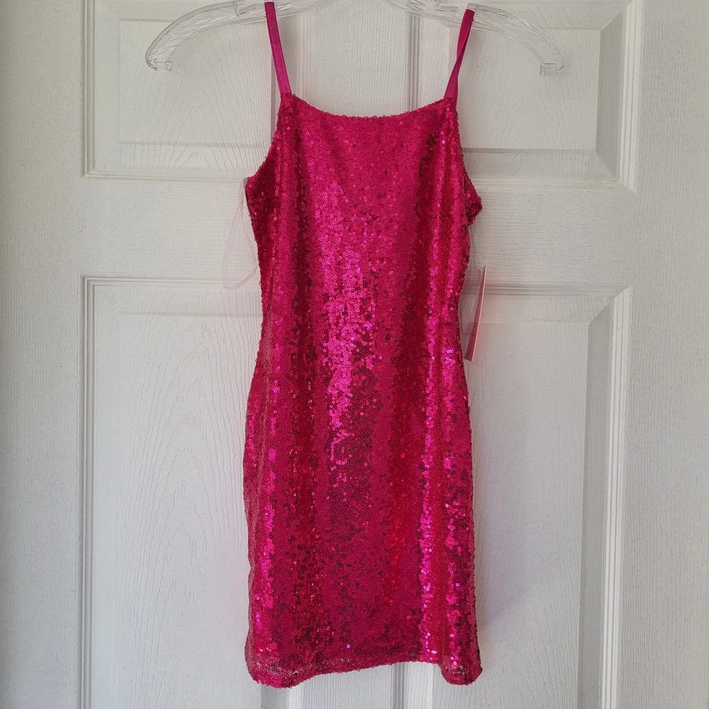 With Jules Girls Hot Pink Sequin Bodycon Mini Dress Adjustable Straps Size MD